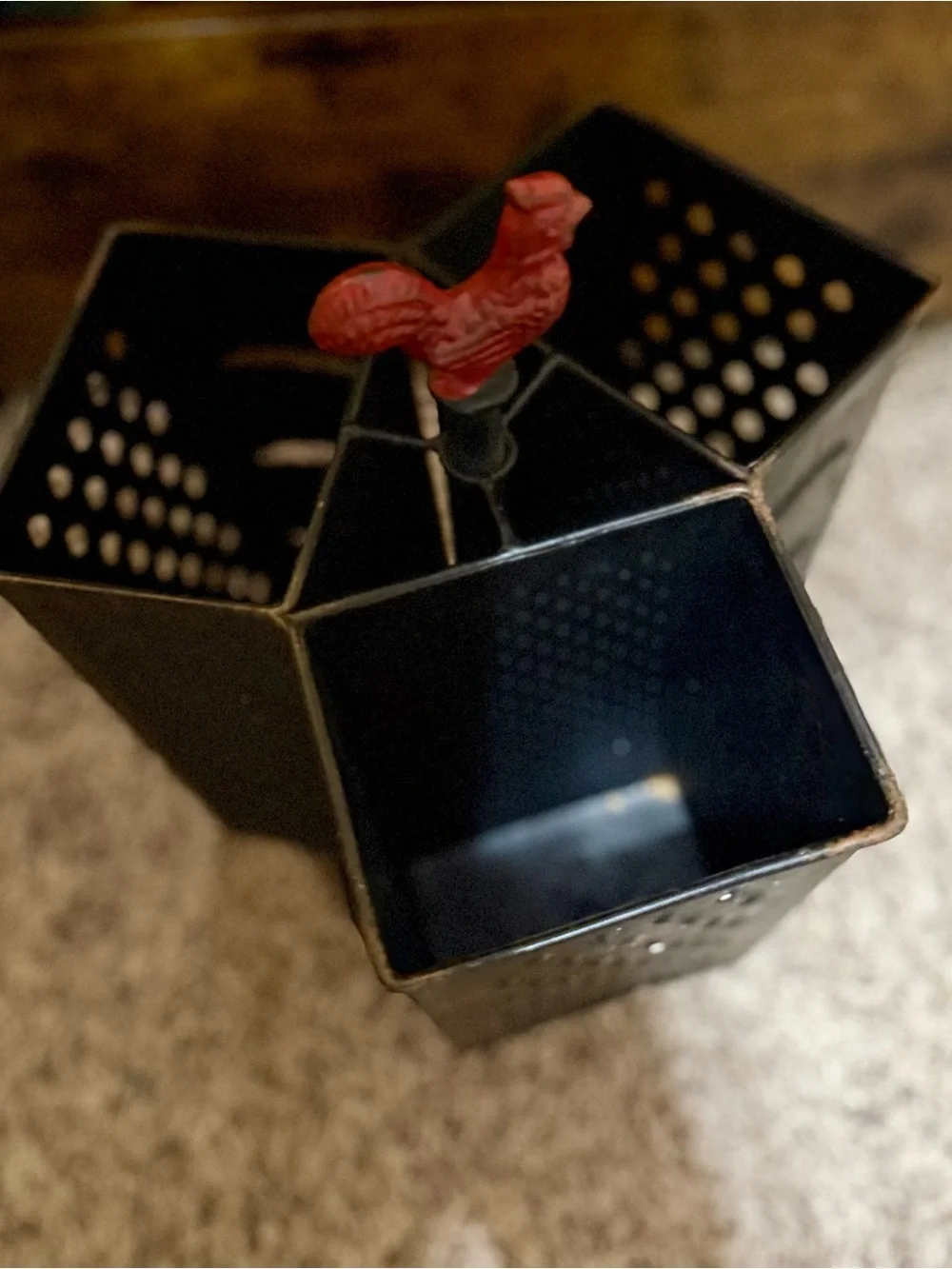 Primitive Black Metal Utensil Caddy with Red Rooster Topper